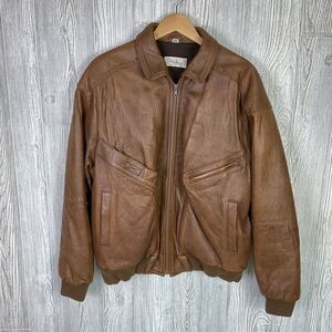 Vintage Philippe Monet Brown Leather Bomber Jacket Men’s Size 44L Zip Front Flan